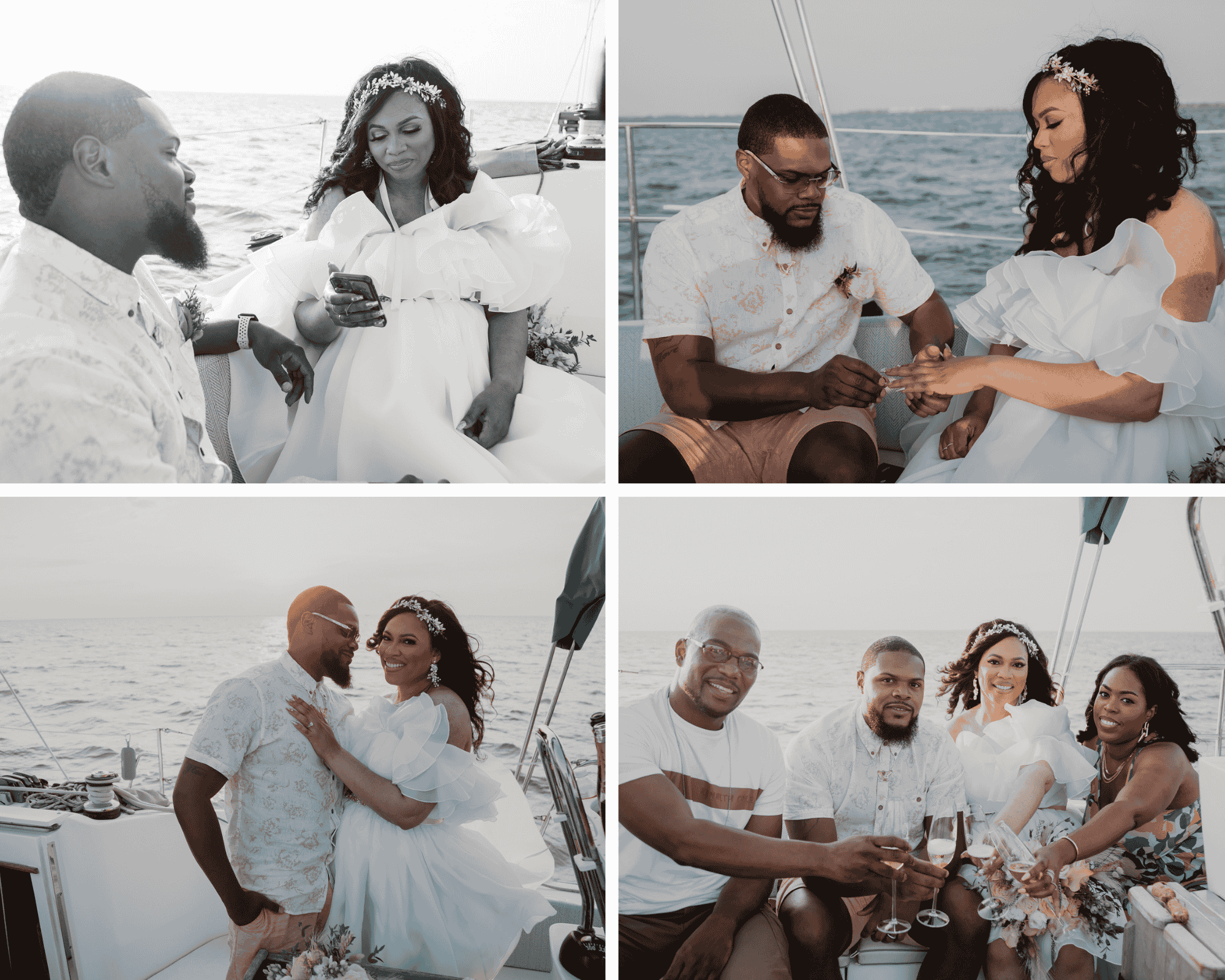 collage of couple saying vows on a sailboat in new orleans at sunset