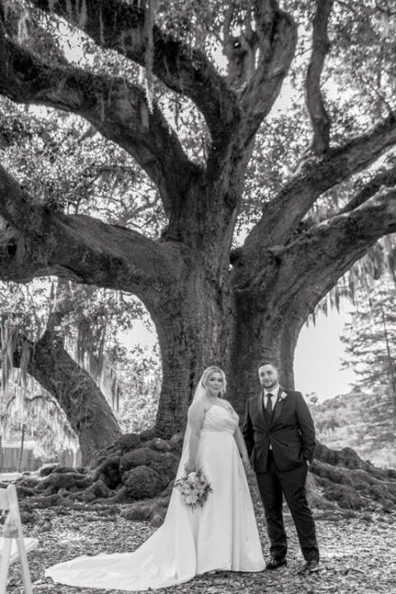 Bride and groom standing under an oak tree during their intimate elopement in New Orleans.