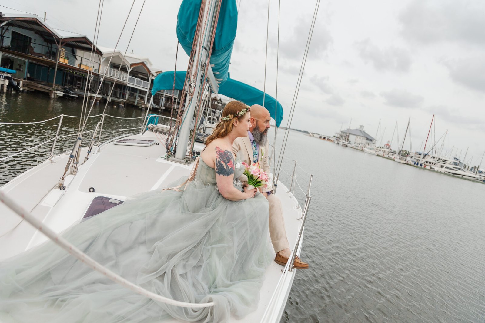 Just married couple on sailboat in New Orleans