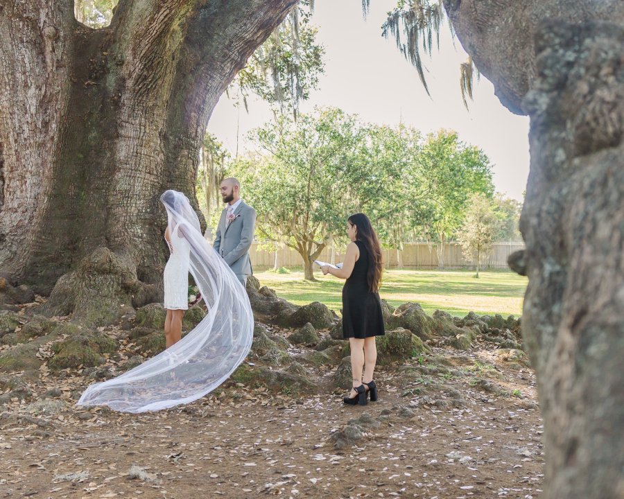 Couple exchanging elopement vows under the ancient Tree of Life oak tree surrounded by Spanish moss and soft natural light in New Orleans.