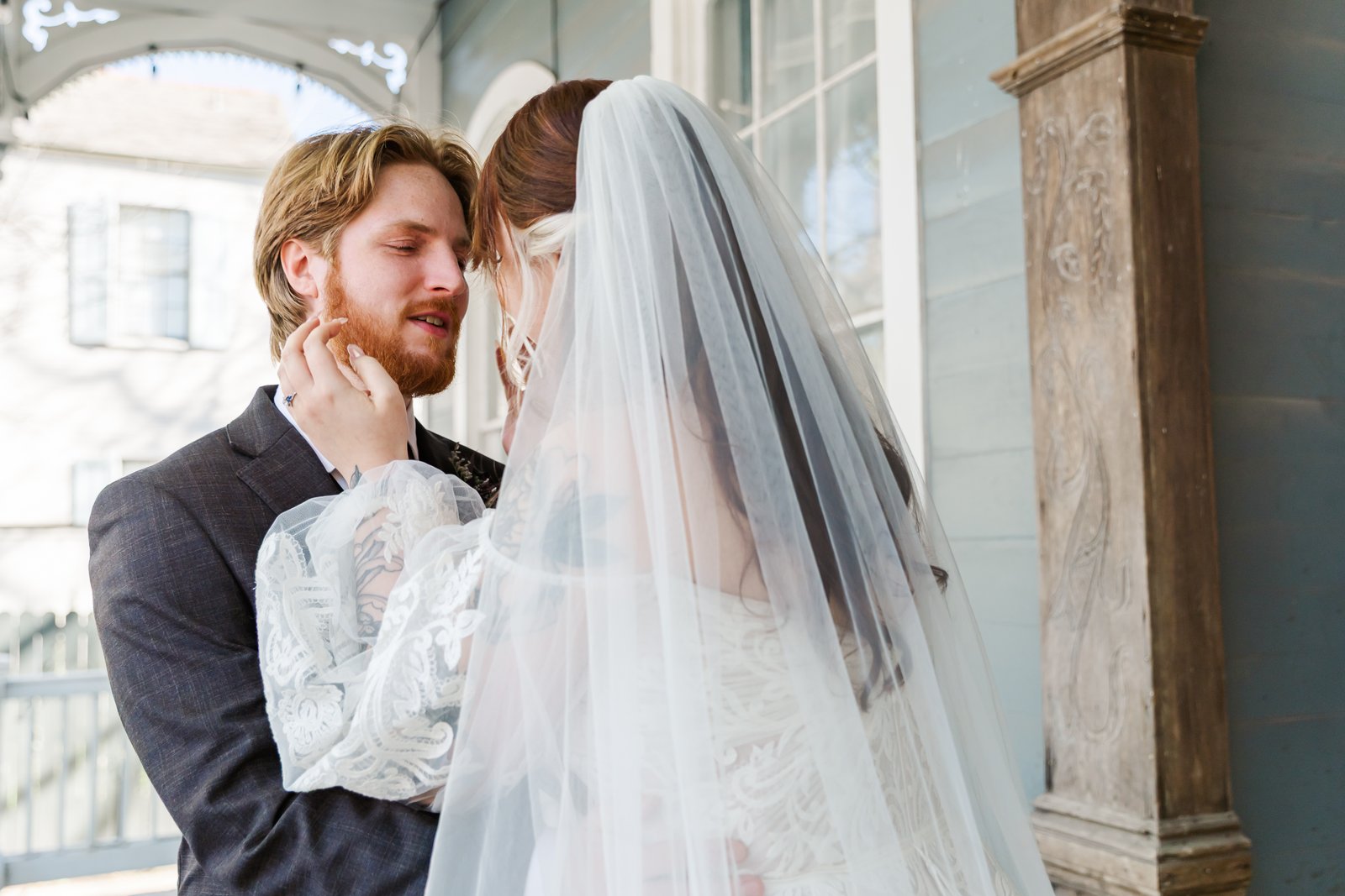 groom touching bride's face close up cinematic new orleans photography