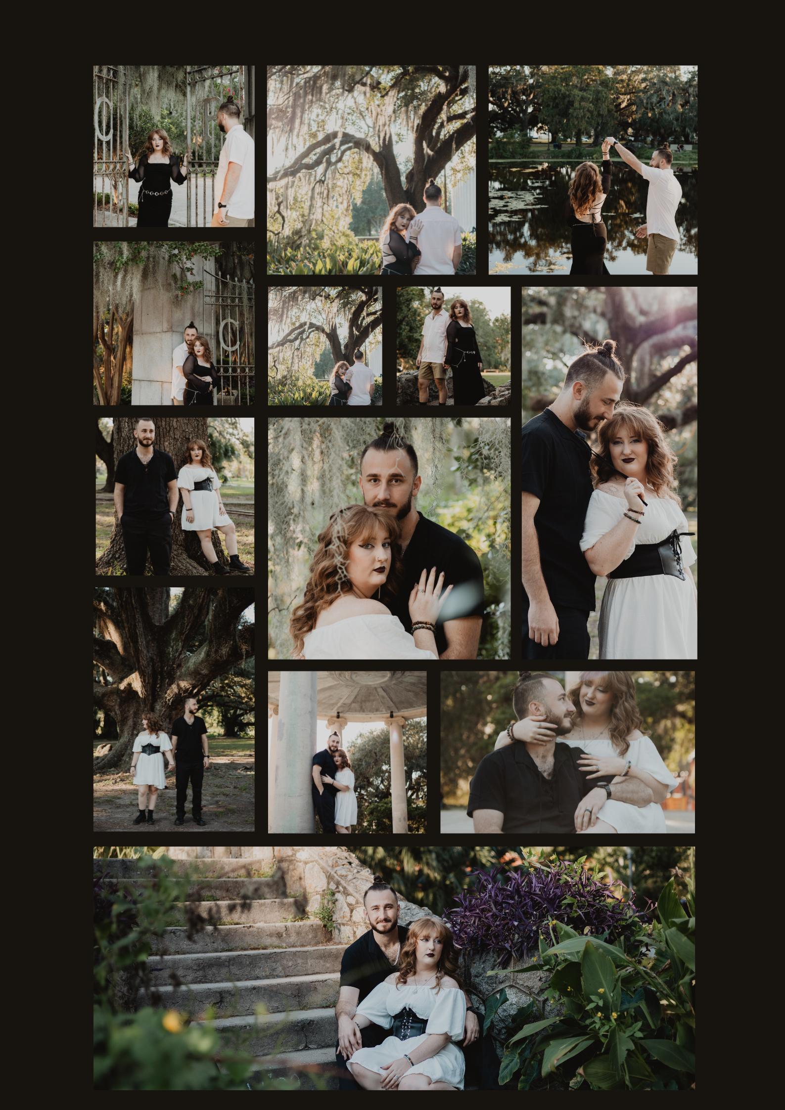 Full collage of romantic and candid elopement poses in New Orleans City Park